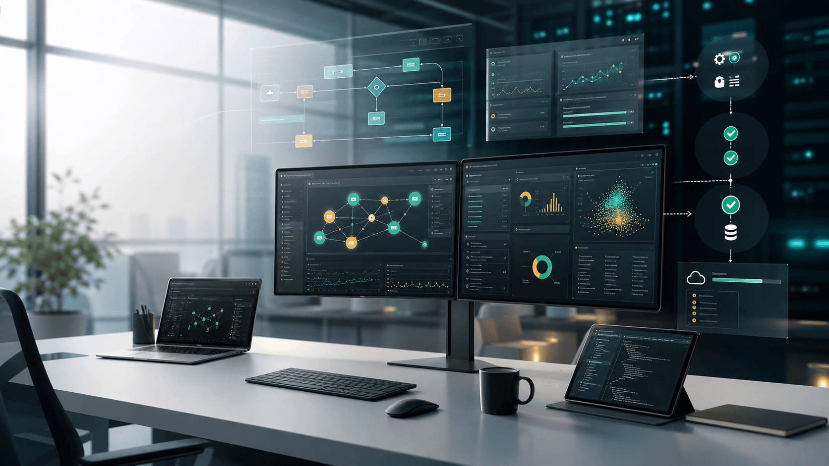 Composite visual of data platforms, decision models, and software deployment interfaces